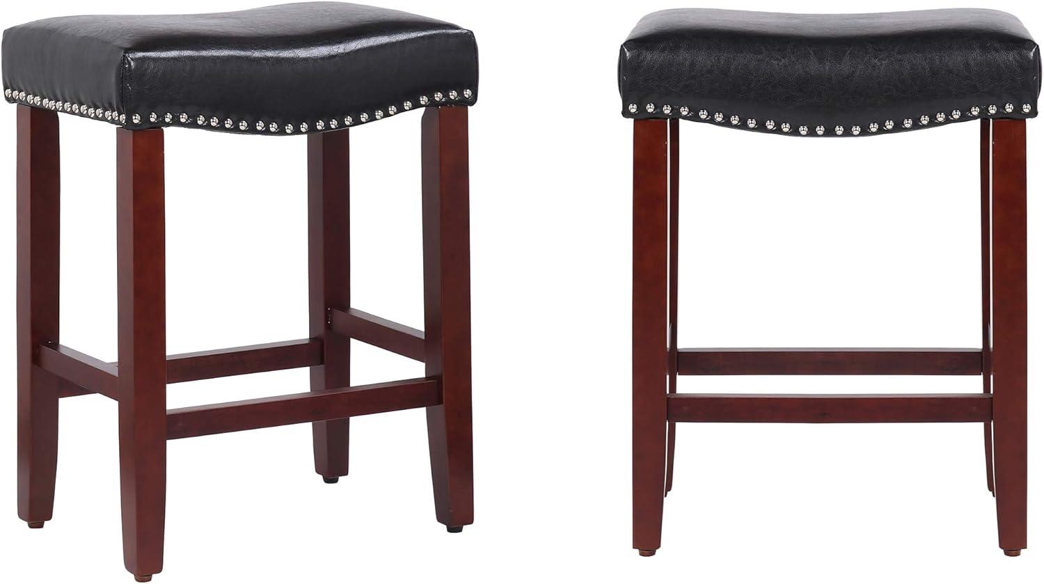 Modern Farmhouse 24" Black Leather Saddle Bar Stools, Set of 2