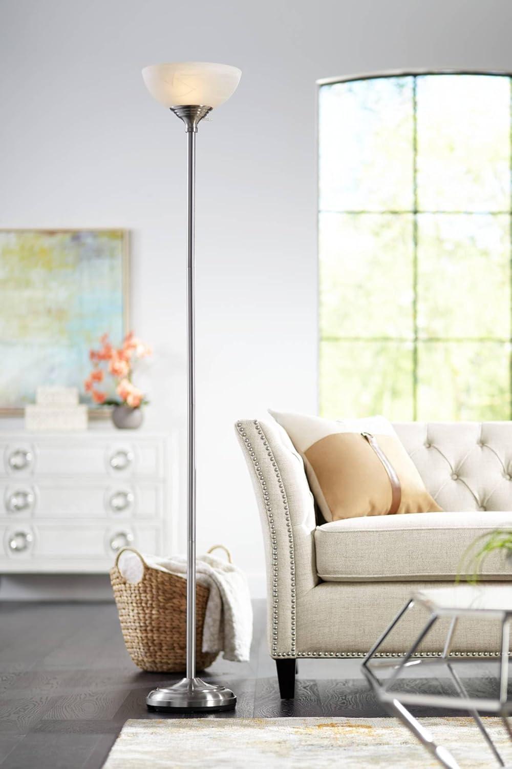 360 Lighting Maddox Modern Torchiere Floor Lamp 71" Tall Satin Nickel Silver Metal Alabaster Glass Shade for Living Room Bedroom Office House Home