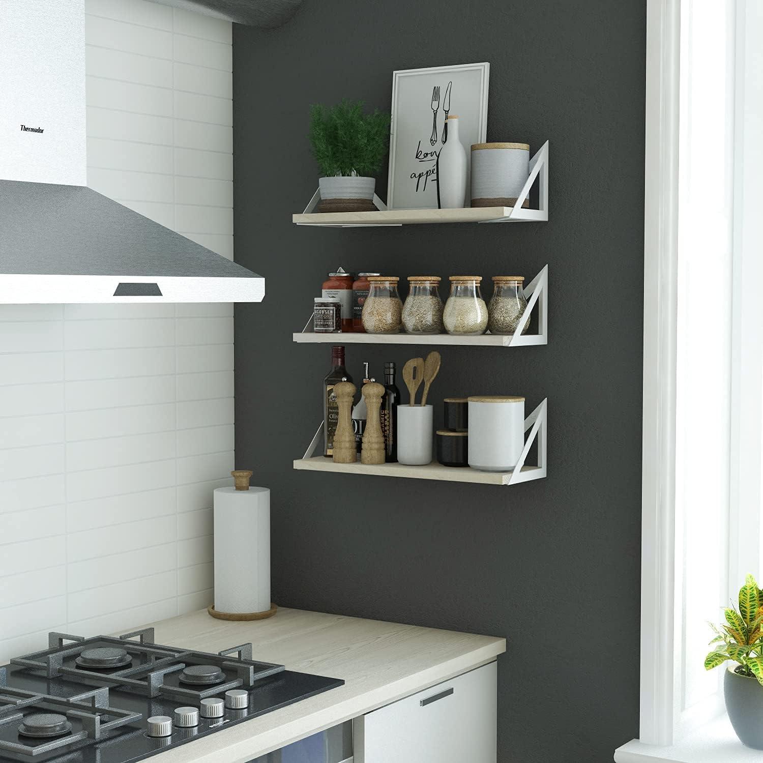 Natural Wood Floating Accent Shelf with White Brackets