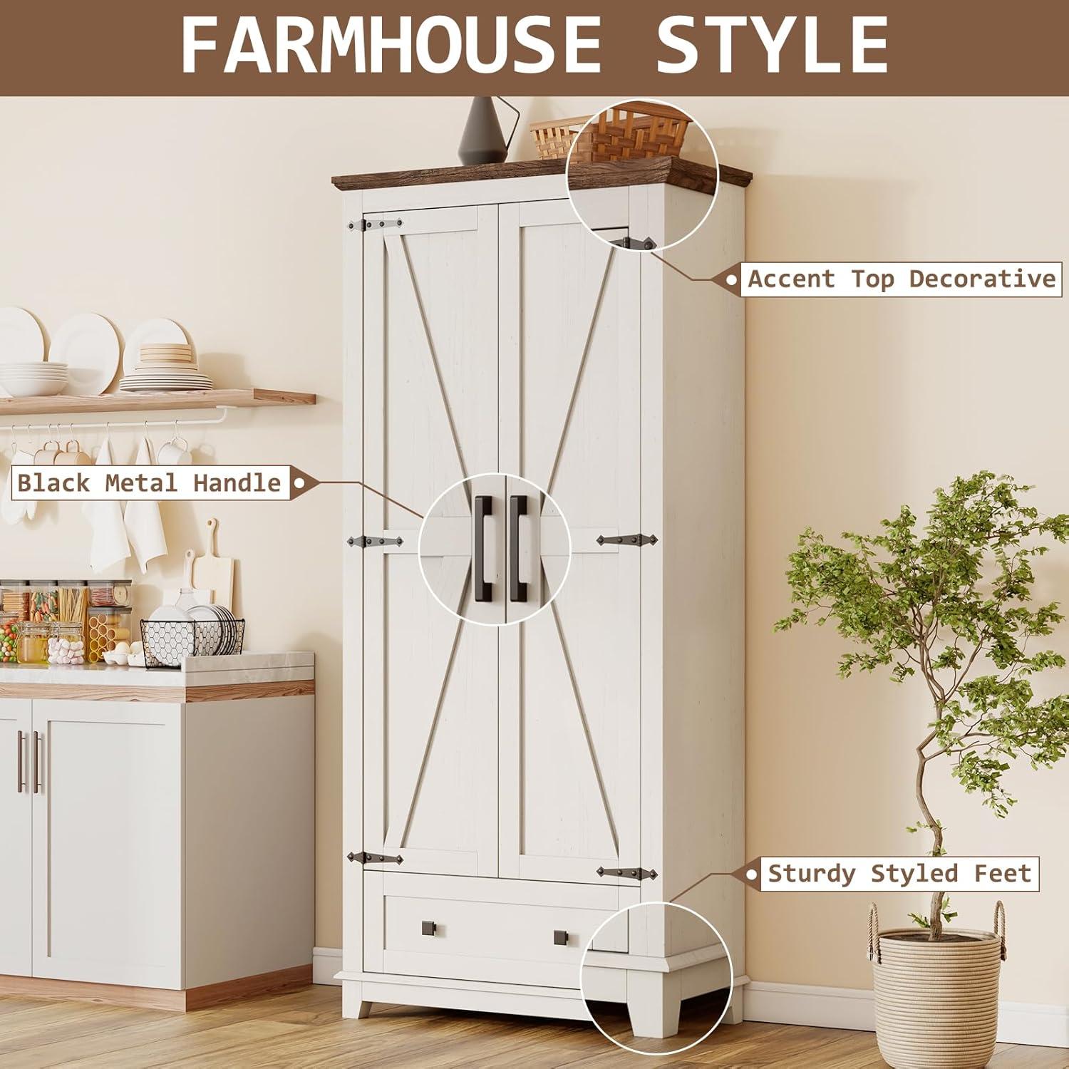 Barnwood and White Farmhouse Kitchen Pantry Cabinet with Adjustable Shelves