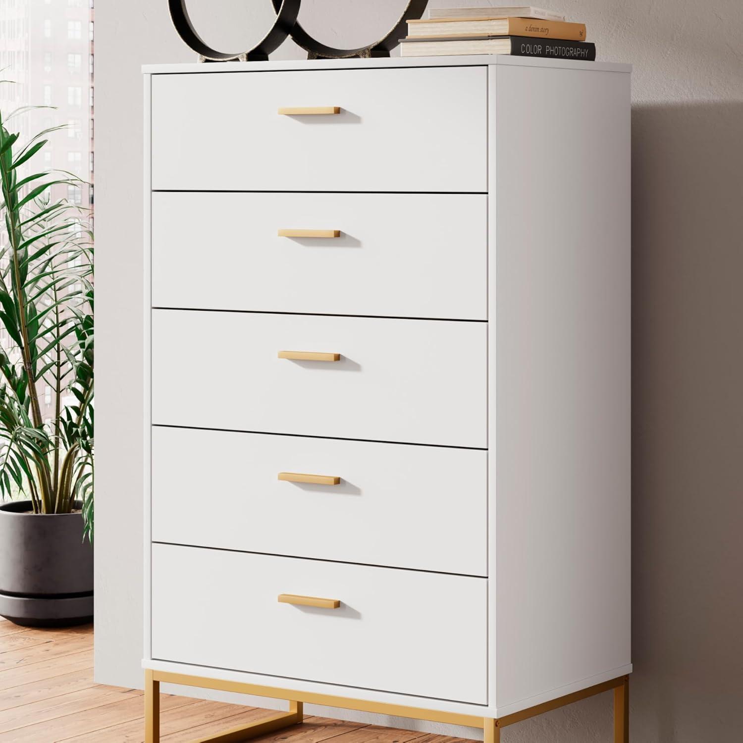 Signature Design by Ashley Socalle 5 Drawer Tall Dresser, White/Gold