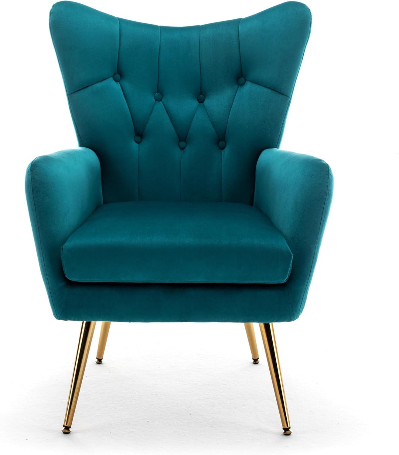 Modern Chic Mid-Century Velvet Accent Armchair for Living Room, Bedroom, or Home Office, Button-Tufted Wingback Design with Gold Flared Legs, Dark Teal