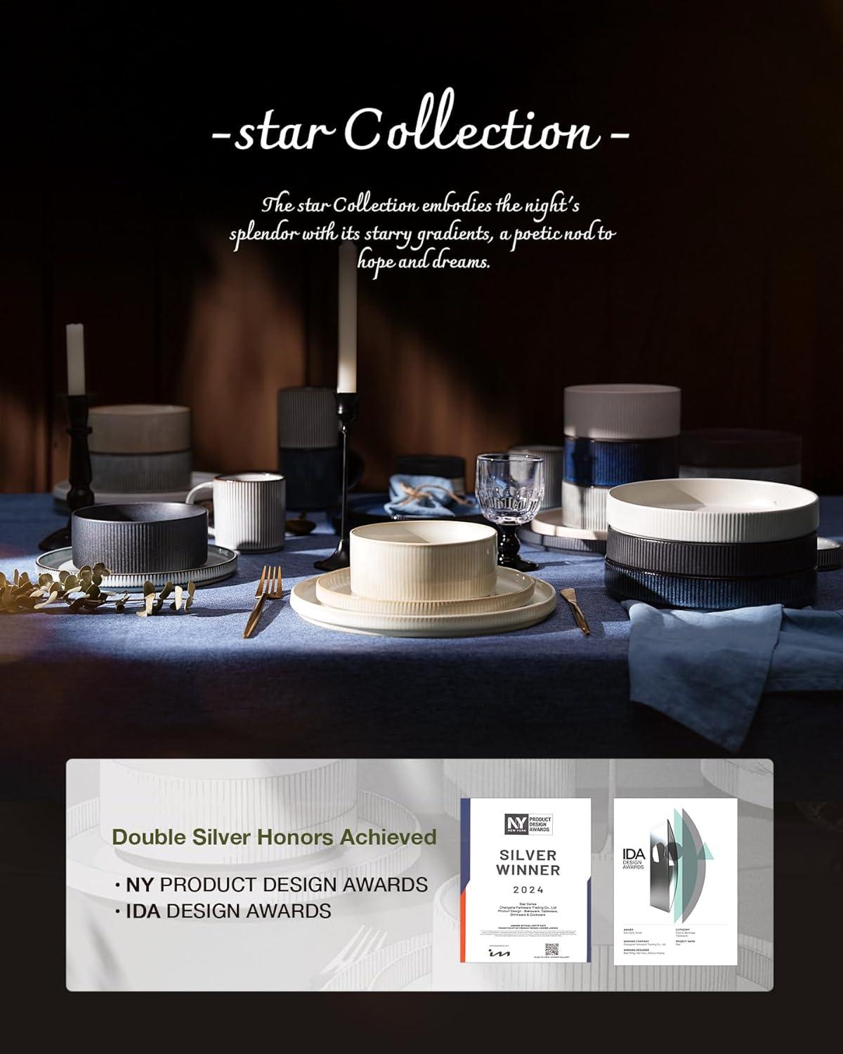 Famiware Star Stoneware Dinnerware Sets, Plates and Bowls Set for 4, 12 Piece Dish Set, Matte White