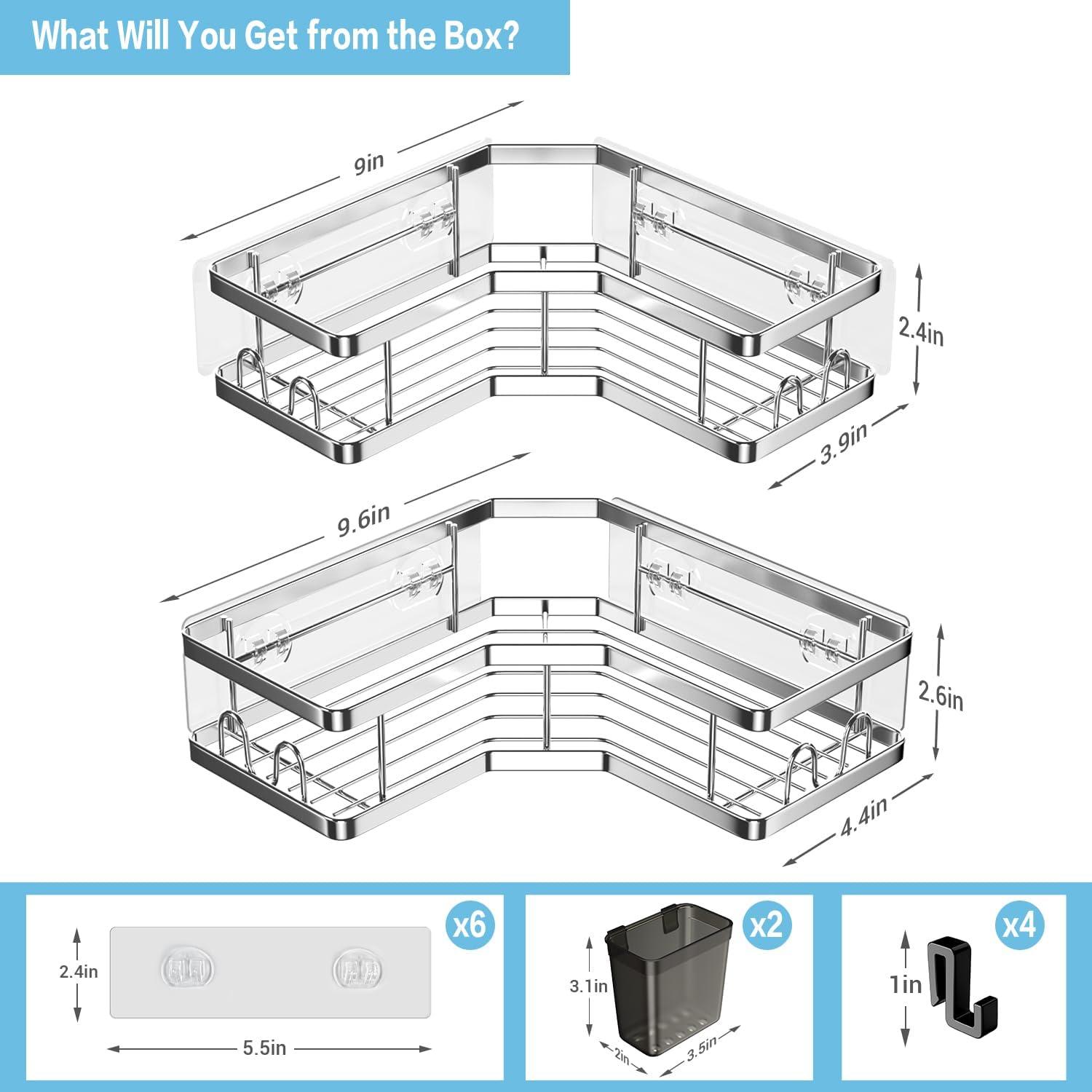 Corner Shower Caddy 2 Pack Organizer Shelves No Drilling Stainless Steel with Hooks&Toothpaste Holder