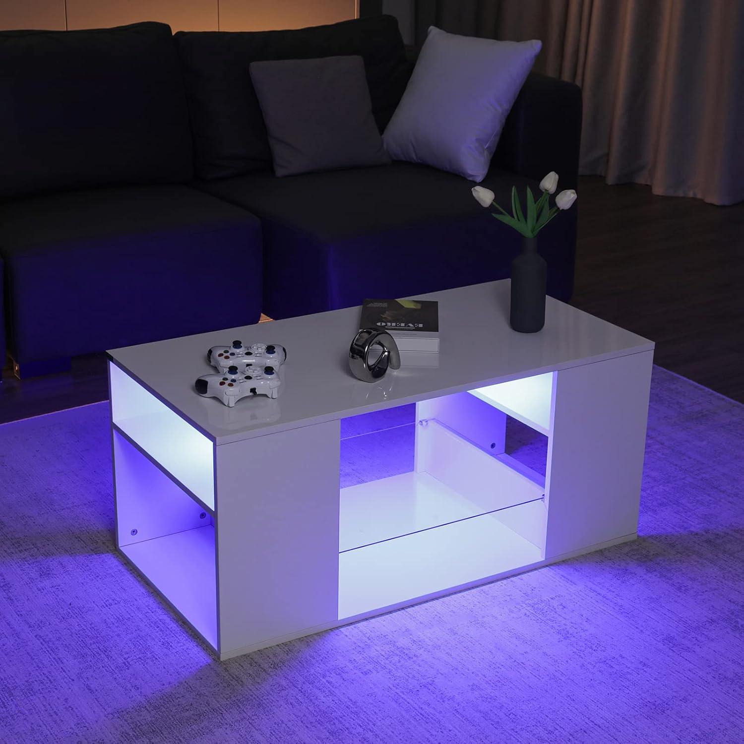 Hommpa White Coffee Table LED Coffee Table with Storage Modern Living Room Table Glass Open Shelves Rectangle Cocktail Center Tables High Gloss