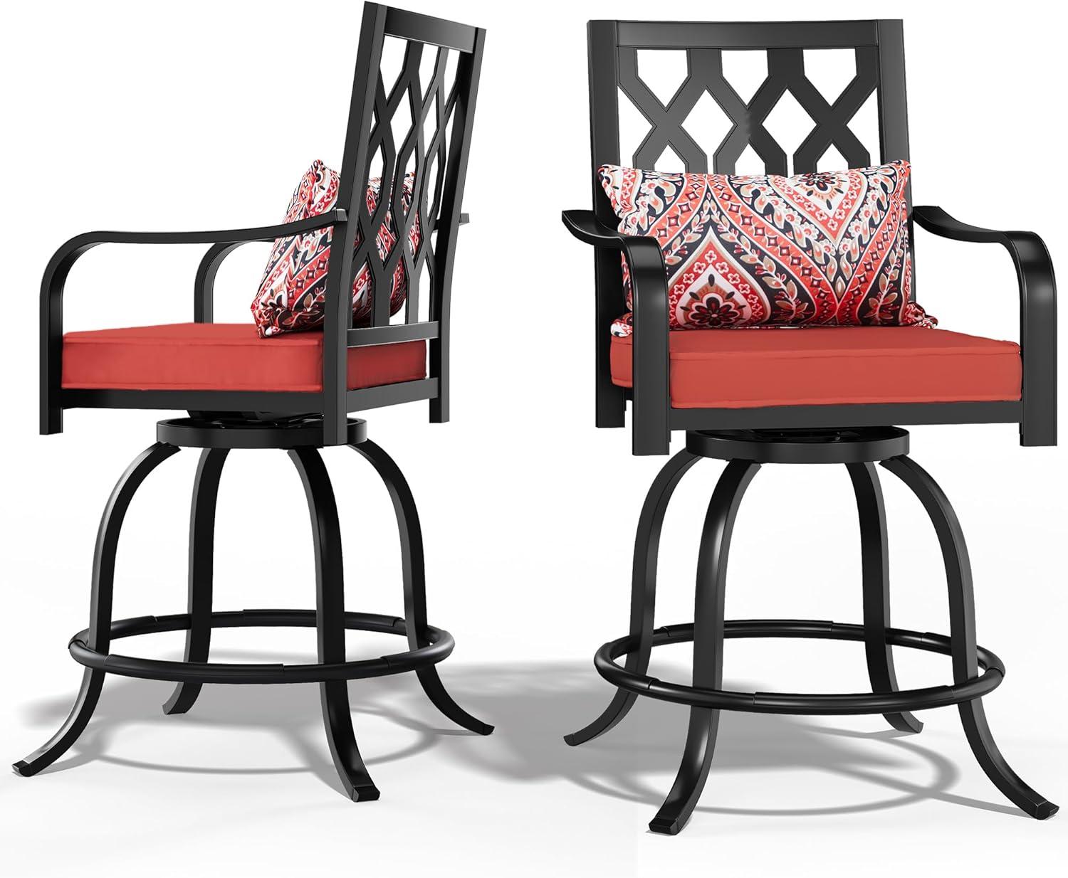 MF Studio Outdoor Swivel Bar Stools Set of 2, Patio Height Chairs with Seat and Back Cushion, Red