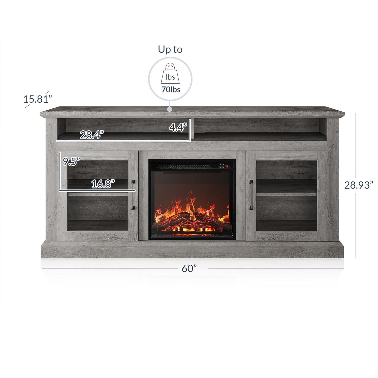 BELLEZE 60" Traditonal TV Stand Media Entertainment Center For TVs up to 65" with 18" Fireplace - Cayman (Gray Wash)