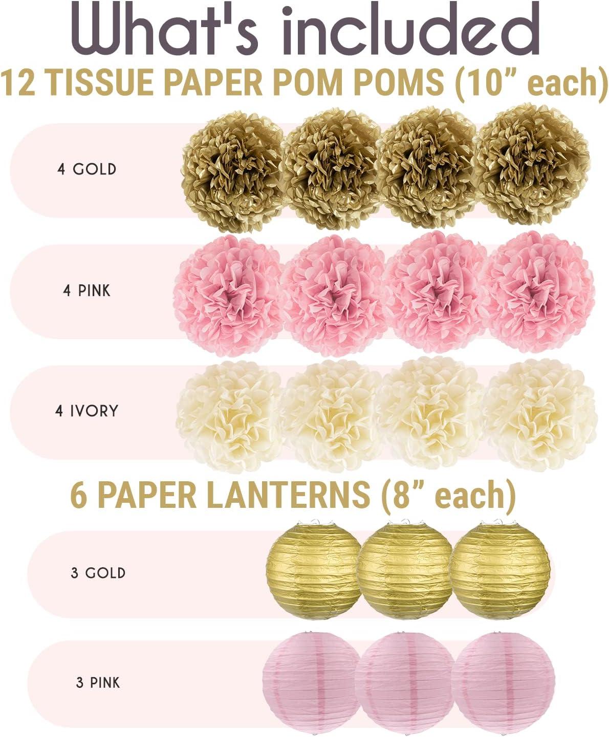 EpiqueOne 22pc Pink, Gold, and Ivory Decorative Party Decoration Kit with Paper Pom Poms and Lanterns