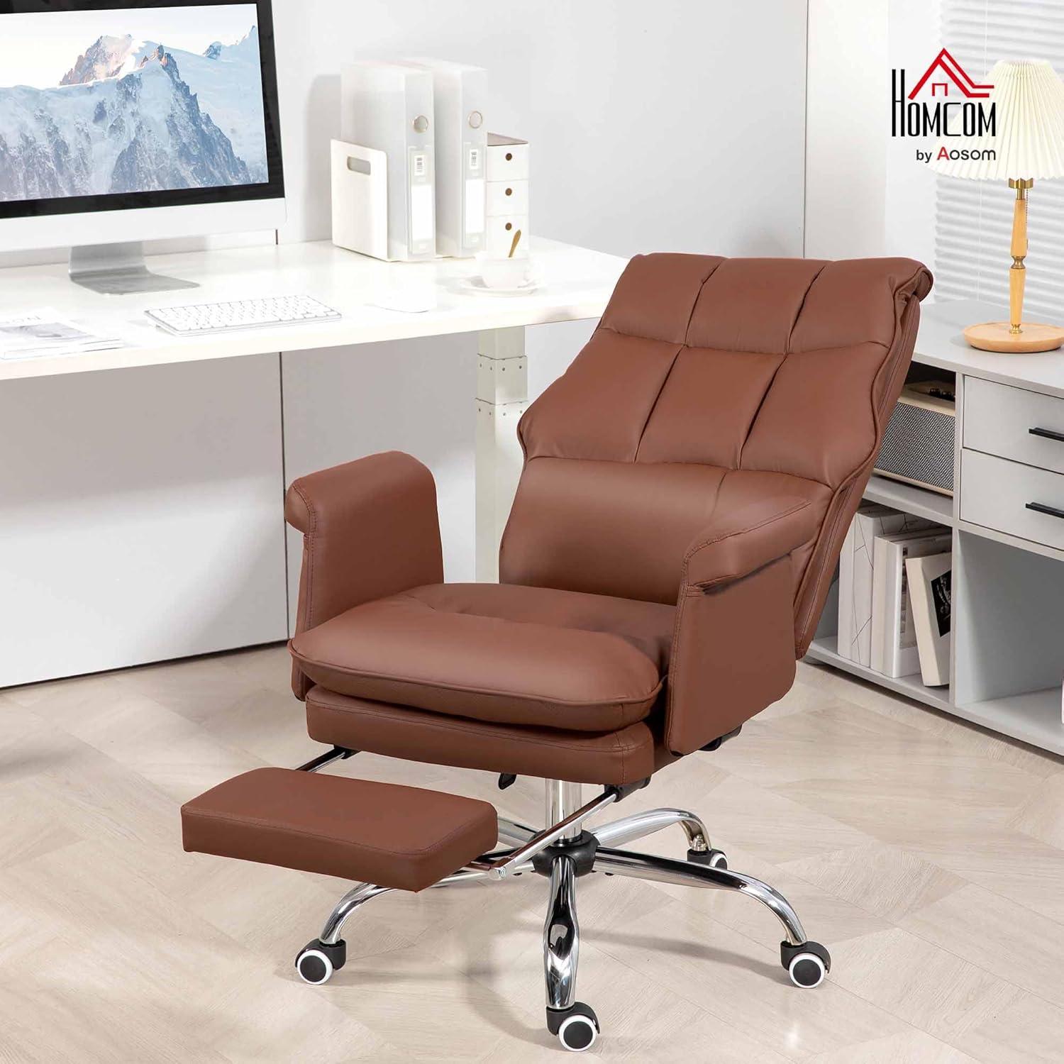 HOMCOM Executive Office Chair with Footrest, Ergonomic Office Chair, Reclining PU Leather Computer Chair, Brown