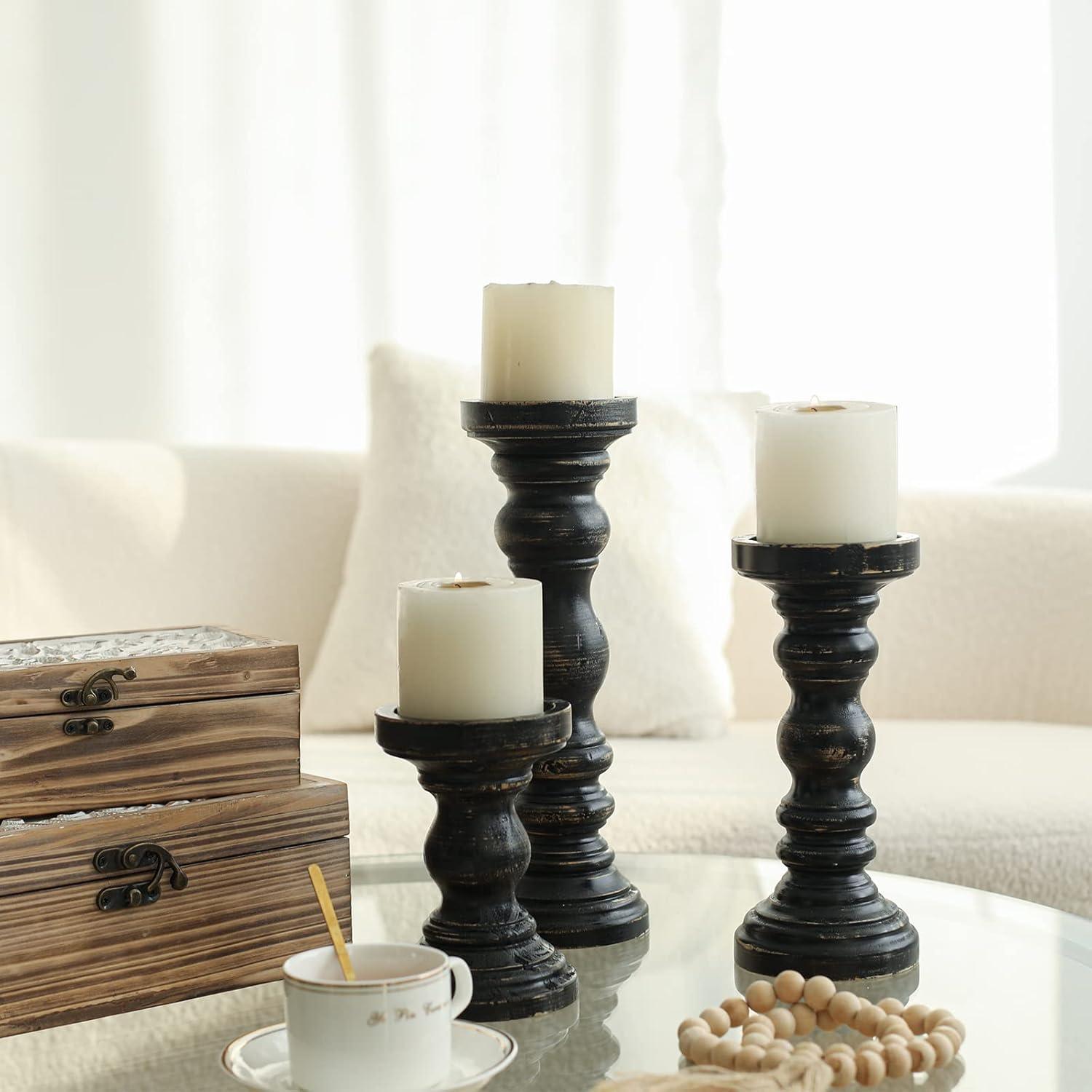 DecMode 3 Candle Black Mango Wood Distressed Turned Pillar Candle Holder, Set of 3