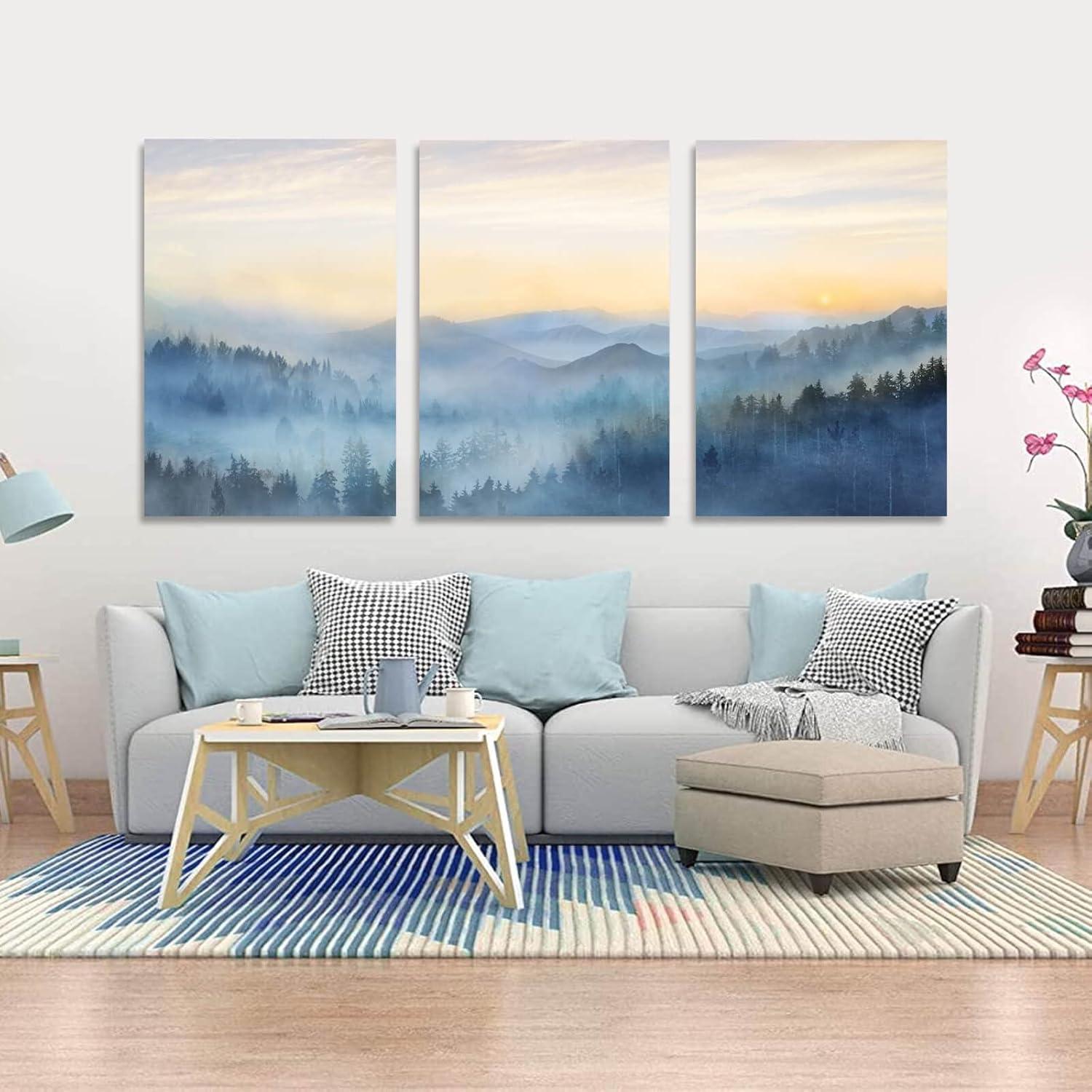 YJYart Foggy Forest Canvas Wall Art Landscape Mountain Wall Art for Living Room Sunrise Wall Decor Modern Artwork Canvas Prints Pictures for Wall Home Office Size 24"x 36"x 3pcs