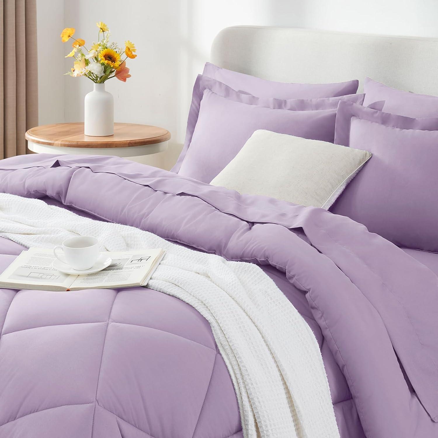 Cozy Comfort Light Purple Queen Comforter Set - 7 Pieces Reversible Queen Bed in a Bag, Queen Bed Set Light Purple and Grey with Comforters, Sheets, Pillowcases & Shams