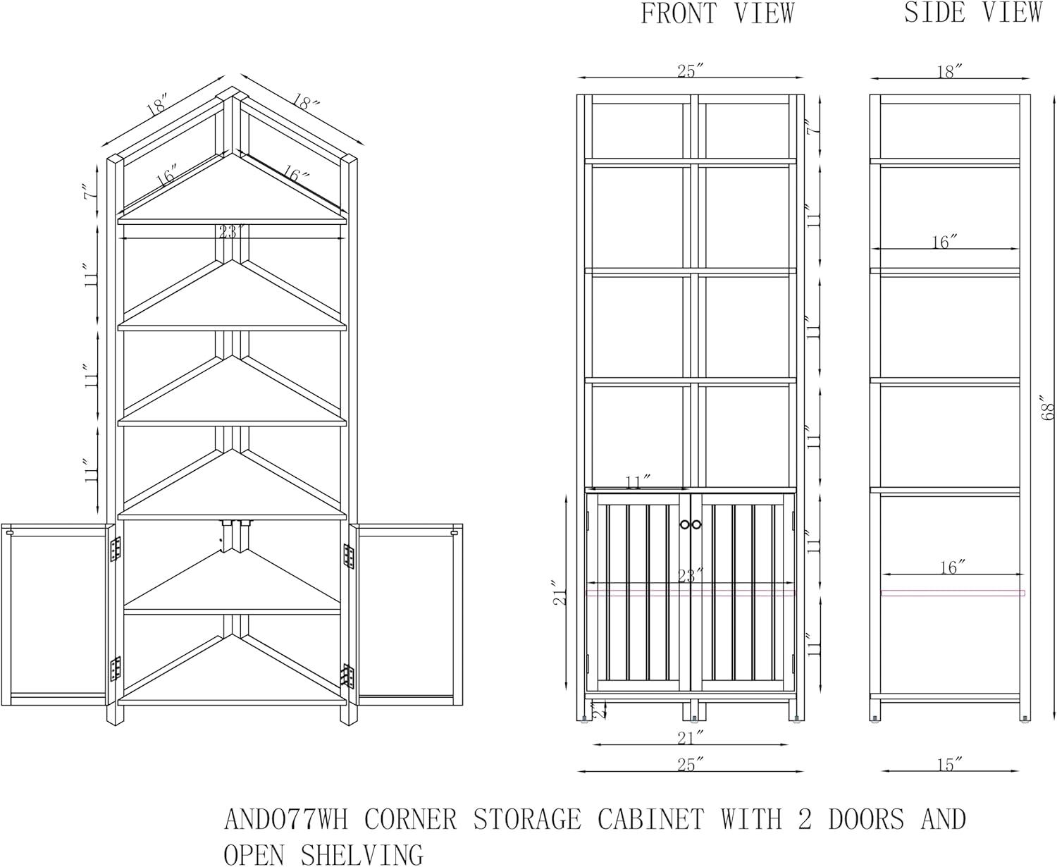 Dover Corner Storage Cabinet with Two Doors and Open Shelving White - Alaterre Furniture