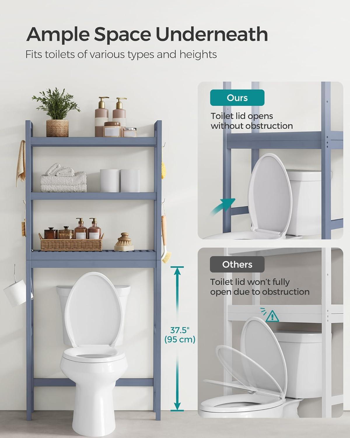 SONGMICS 3-Tier Over The Toilet Storage Bamboo Over Toilet Bathroom Organizer with Adjustable Shelf Grey