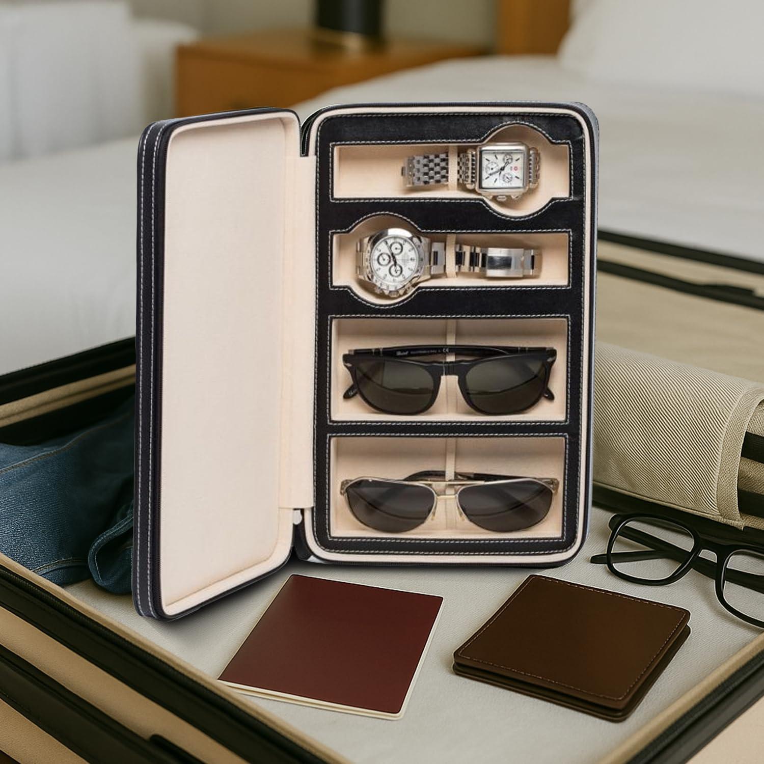 Black Leather Two Watch and Two Sunglass Travel Case with Form Fit Compartments with Zipper Closure.