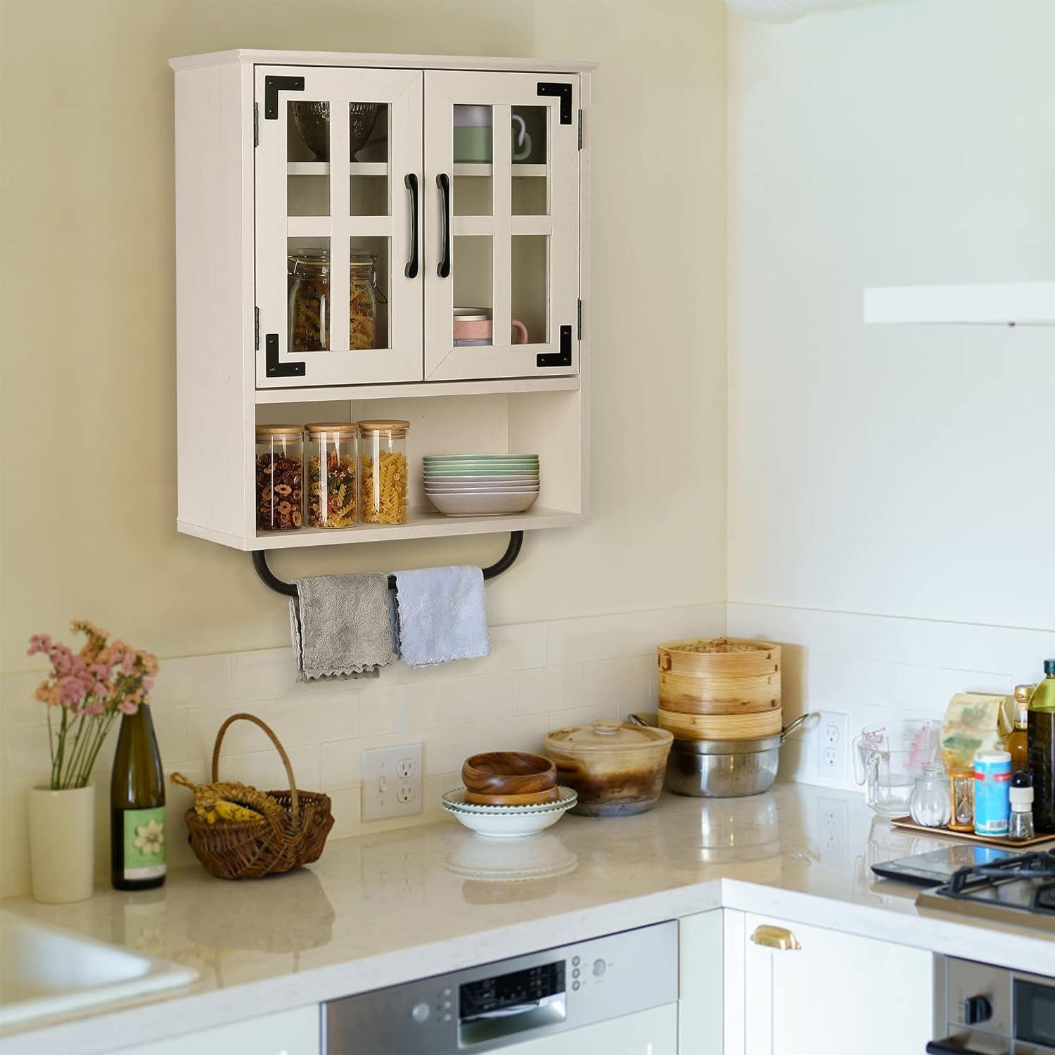Wood Wall Storage Cabinet With Cross Glass Doors, Farmhouse Wall Mounted, 3 Tier Rustic Cabinet With Adjustable Shelves And Towel Bar For Bathroom, Living Room, Vintage White