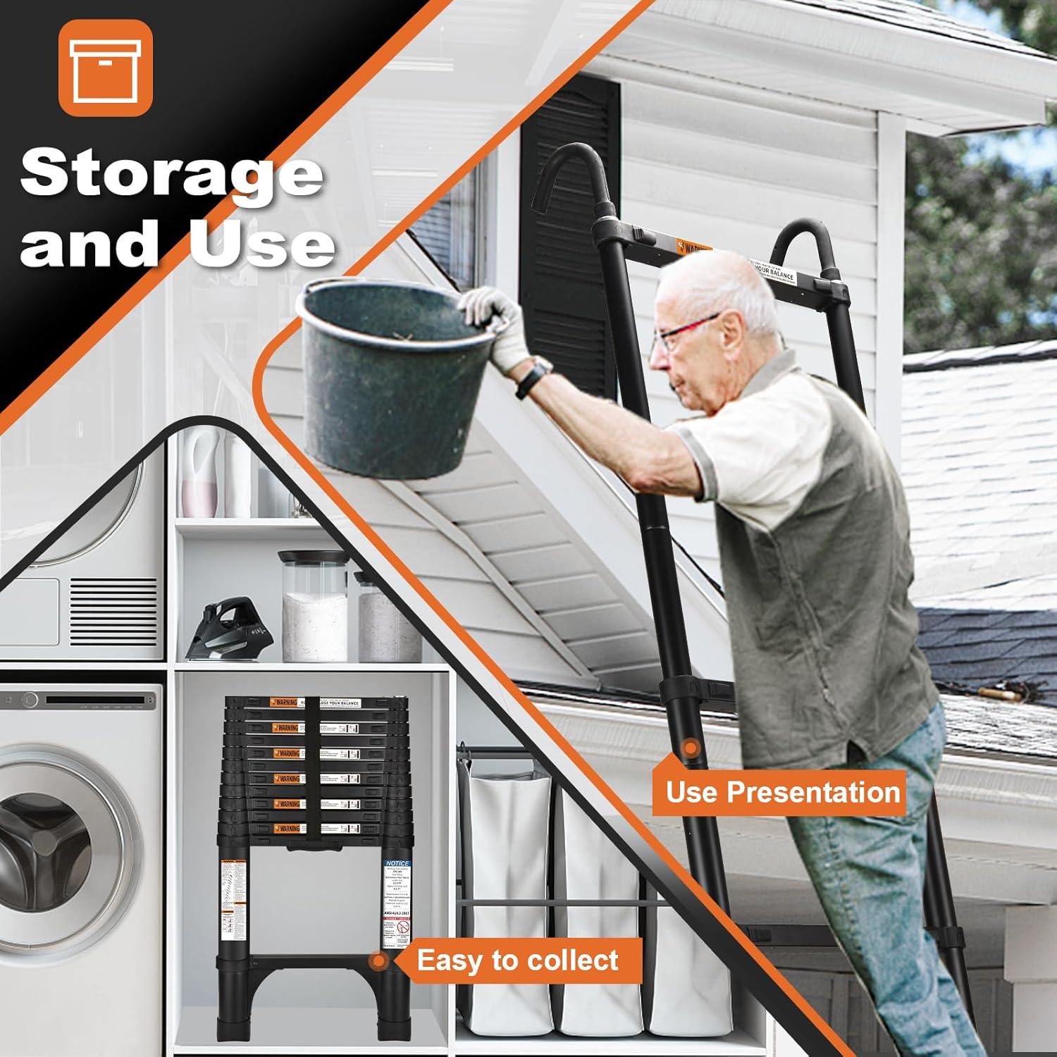 Heavy Duty Black Aluminum Telescopic Extension Ladder with Stabilizers