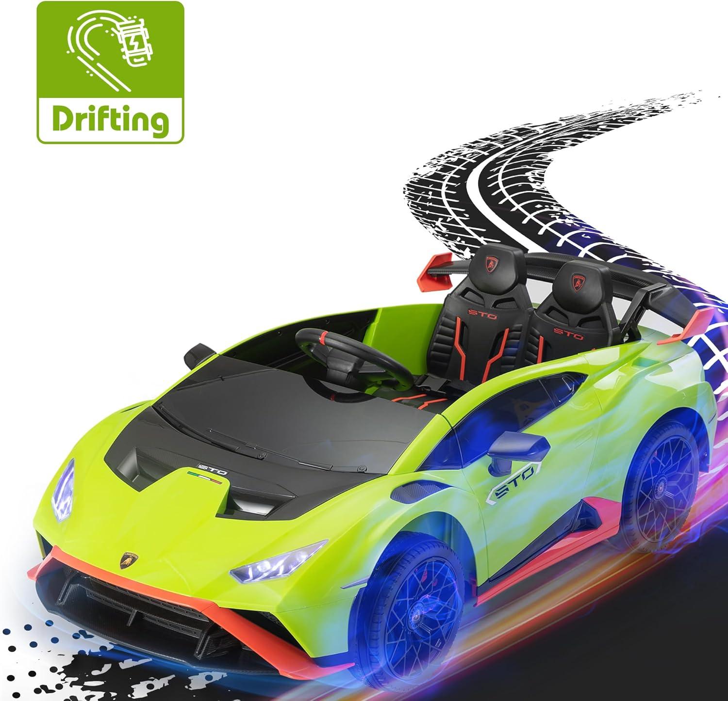 Track 7 12V Kids Ride on Car, Licensed Lamborghini STO Electric Car for Kids Age 3+, Remote Control, Music, Motorized Drift Electric Vehicle, Max Speed 5mph, Green