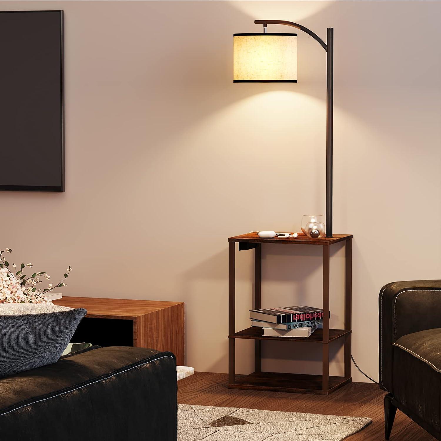 SUNMORY Floor Lamp with Table, Lamps for Living Room with USB Port, Attached End Table with Shelves, Brown