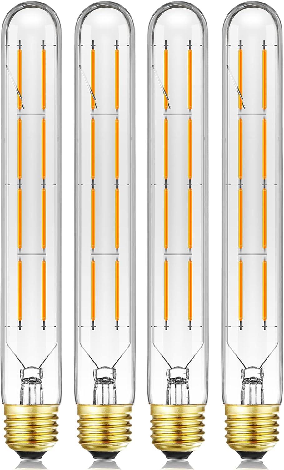 Leools T10 Led Long Bulbs 8W,E26 Dimmable Tubular Bulb,Equivalent 75 Watt, E26 Edison Style Vintage LED Filament Light Bulb,2700K Warm White,8.9in(225mm),4-Pack.