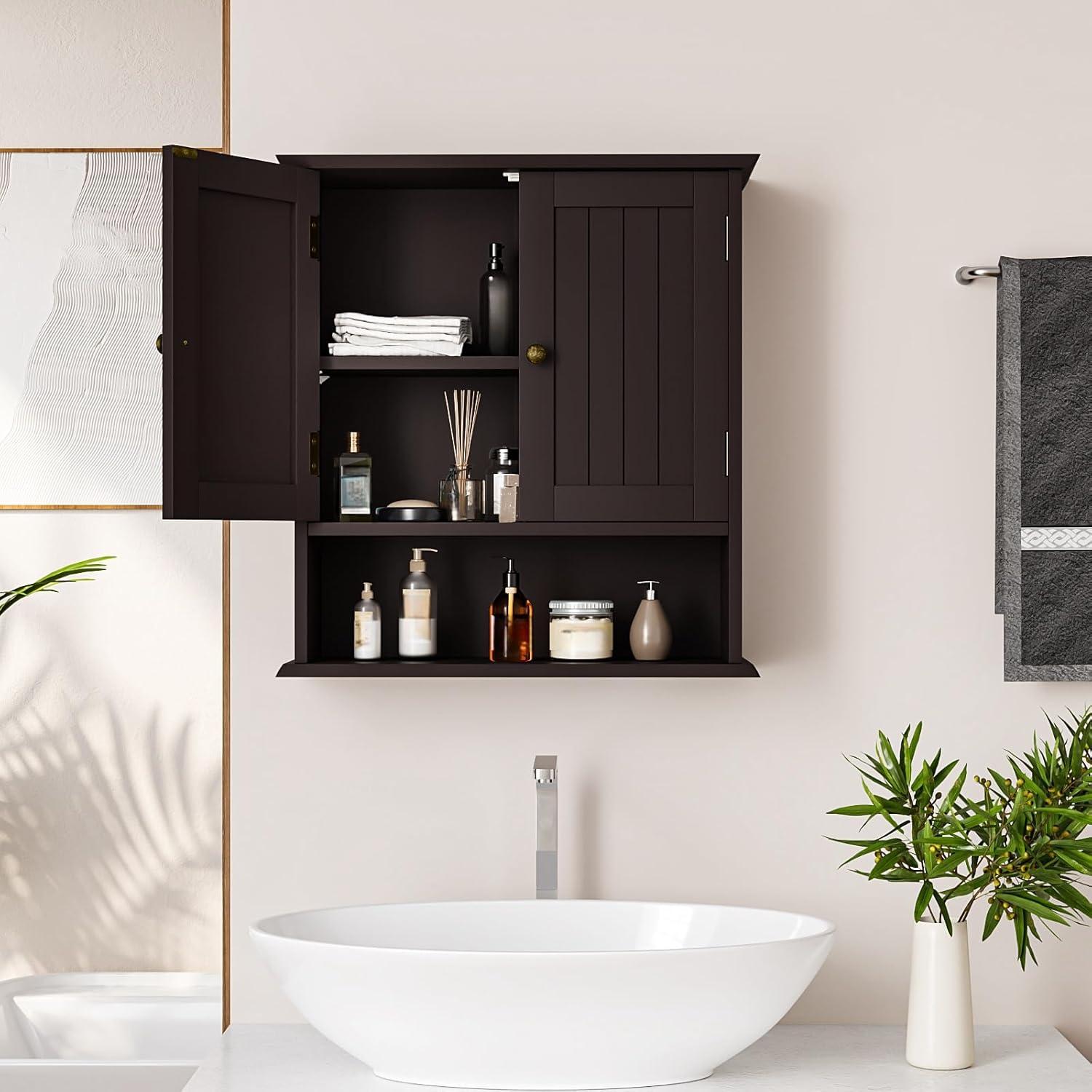Semiocthome Bathroom Medicine Cabinet Wood 2 Doors Wall Cabinet over the Toilet Storage in Brown