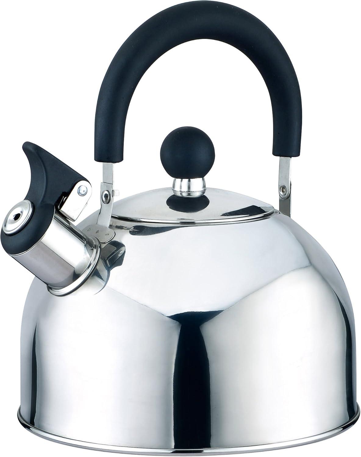 Dependable Industries Classic Stainless Steel Whistling Tea Kettle Silver Shiny Finish with Bakelite Handles BPA Free 2.5qt/2.37l