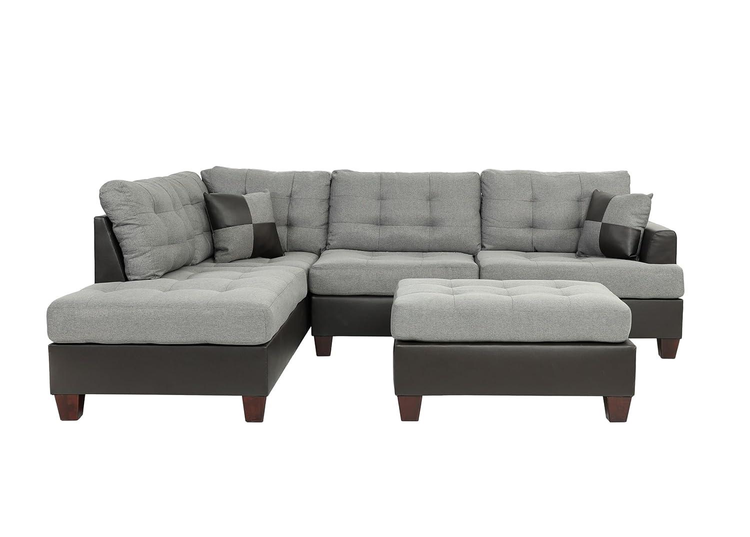 Gray Tufted Faux Leather Three Piece Sectional Sofa with Ottoman