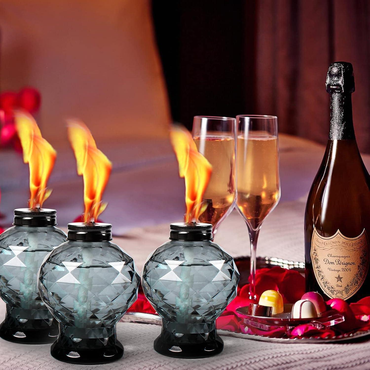 TRAHOO-4 Pack Glass Table Top Light Torches for Outside, Easy to Refill Glass Citronella Torches Outdoor Lanterns, Wick and Cap Included Torch for Garden Patio Yard Party