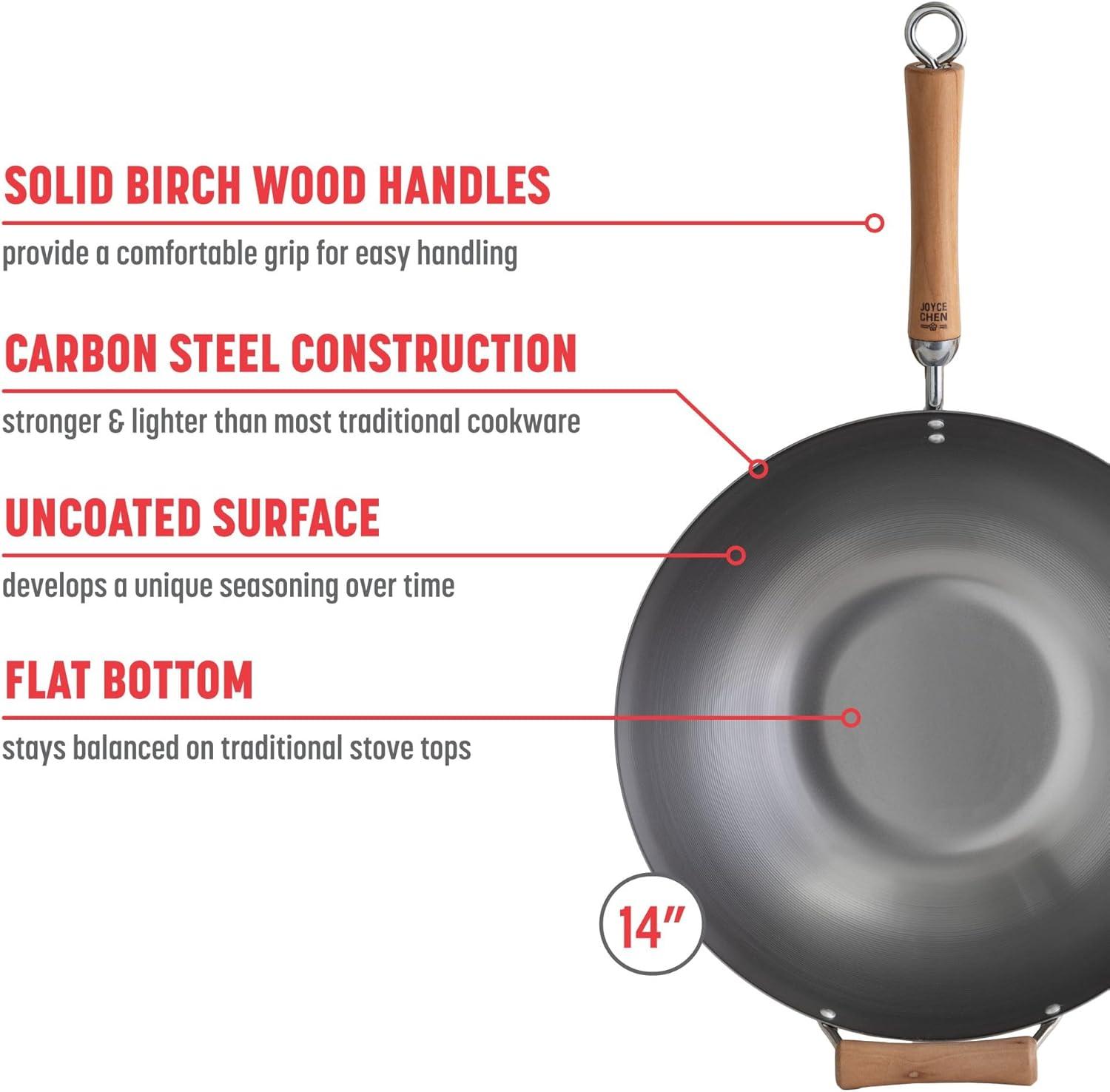 14-Inch Carbon Steel Wok Set with Birch Handles and Lid