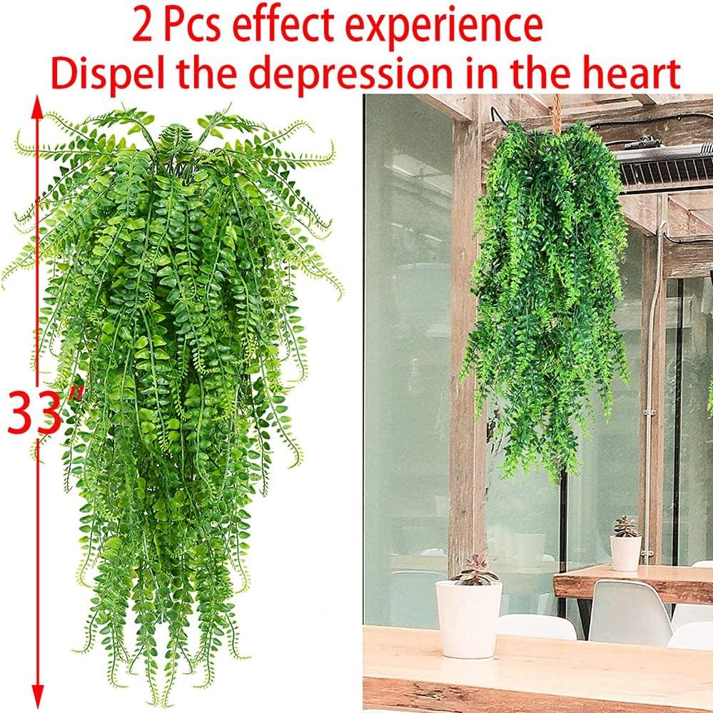 Artificial 2pack Fake Hanging Ferns Plant Faux Ivy Boston Outdoor UV Resistant Plastic (Green)