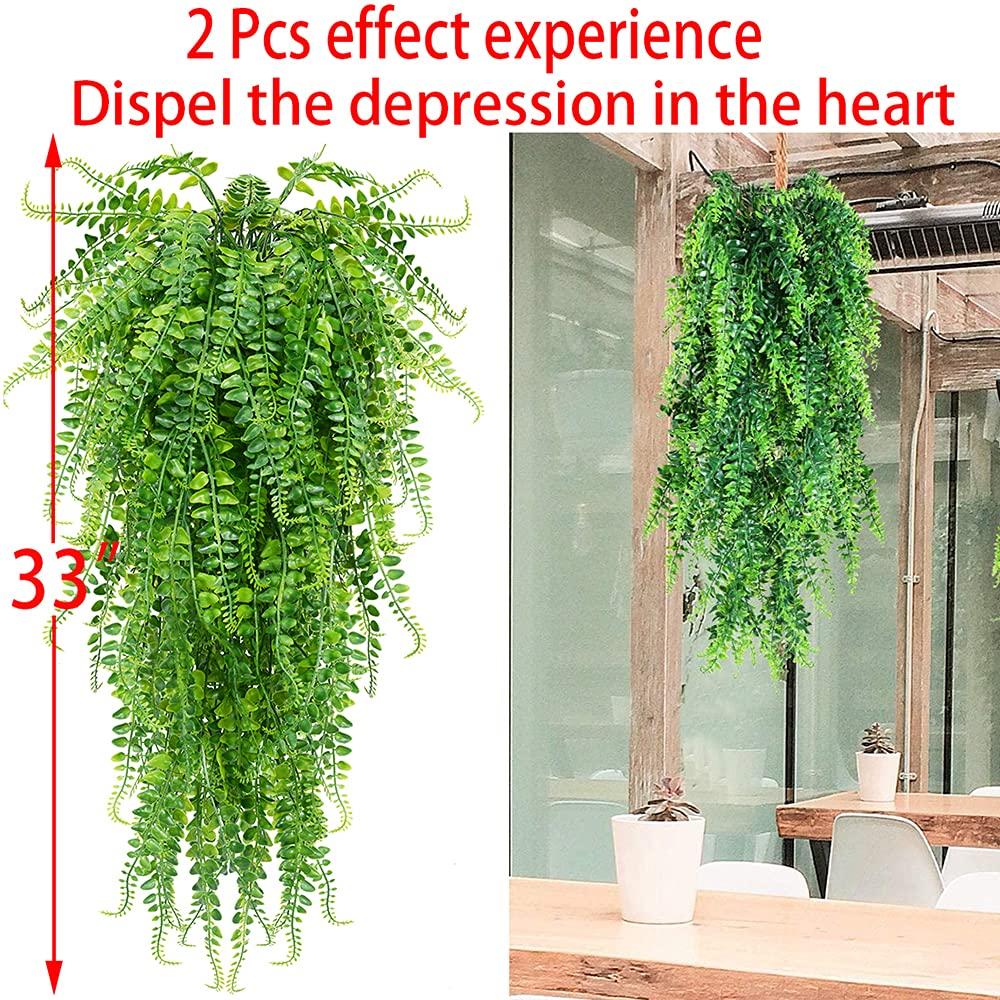 Artificial 2pack Fake Hanging Ferns Plant Faux Ivy Boston Outdoor UV Resistant Plastic (Green)