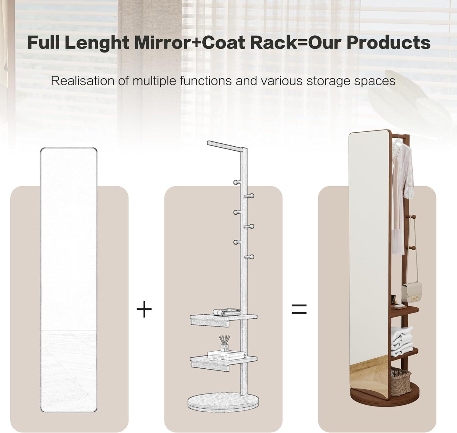 Full Length Mirror with Stand, 360°Swivel Full Body Mirror with Cloak Rack, Modern Standing Mirror for Bedroom Living Room Entryway 65.7" Walnut