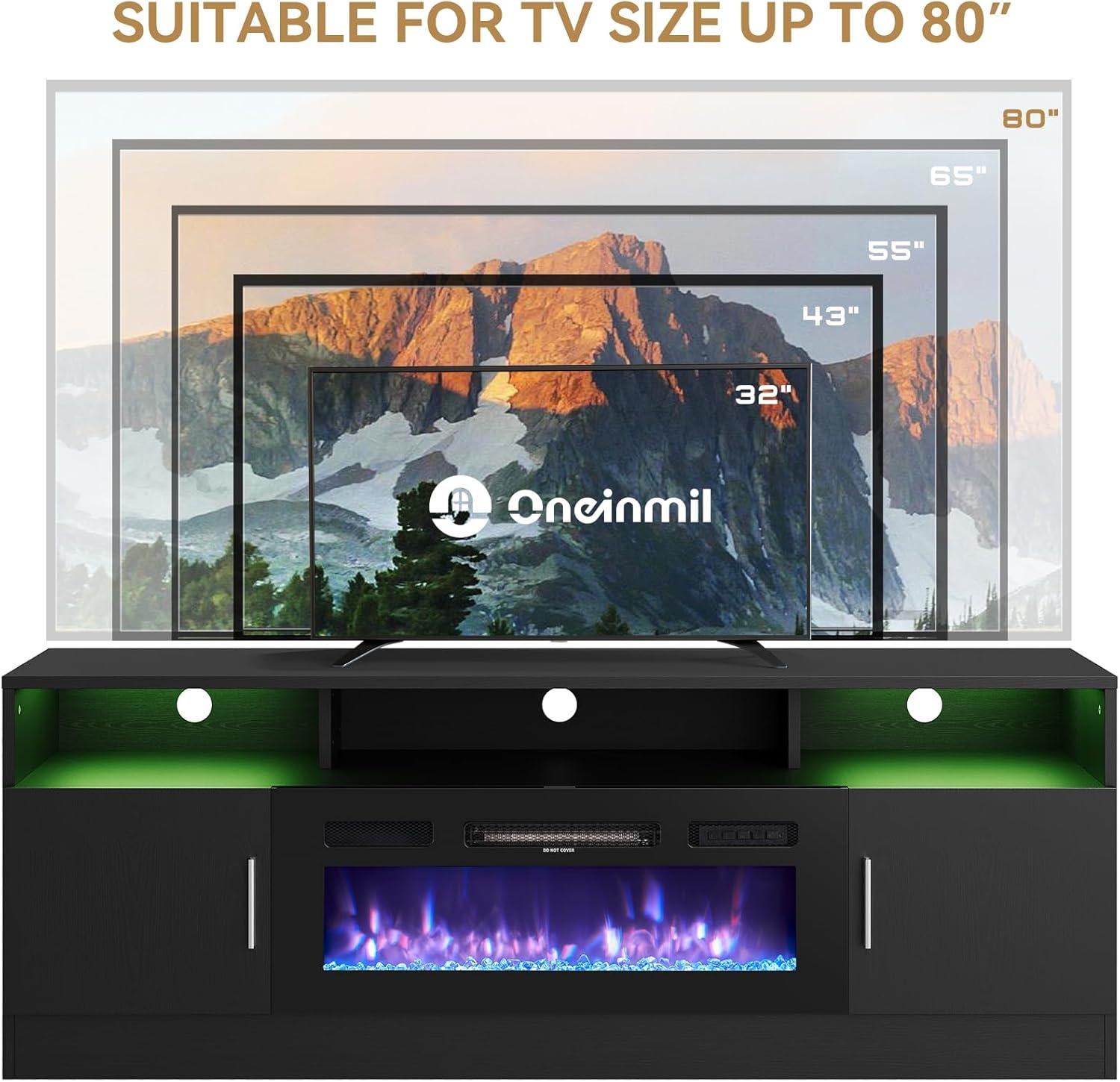 Oneinmil Fireplace TV Stand, Entertainment Center for TVs up to 80", 70” TV Stand with 36'' Electric Fireplace, LED Lights Entertainment Center, TV Console, Black