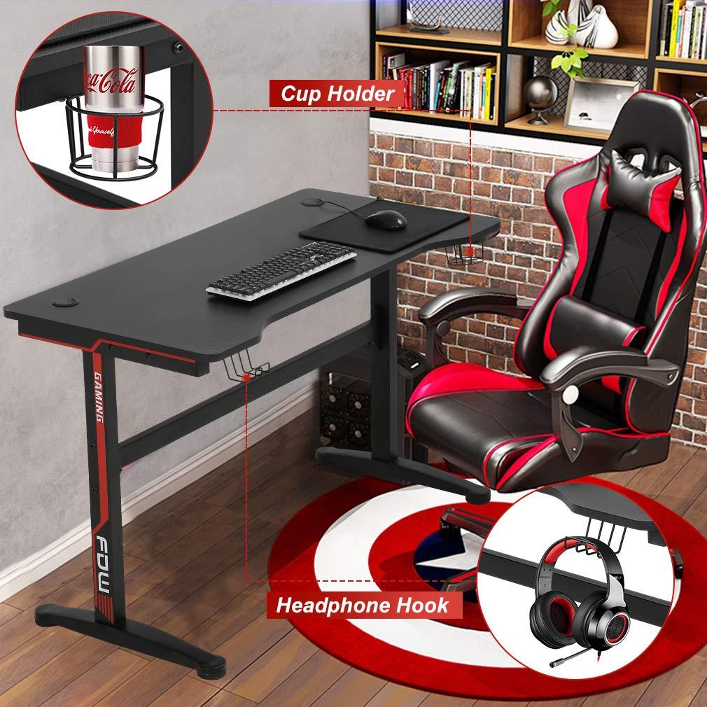 BestOffice Gaming Desk Modern Adult Ergonomic Desk with Cup Holder and Headphone Hook, Red