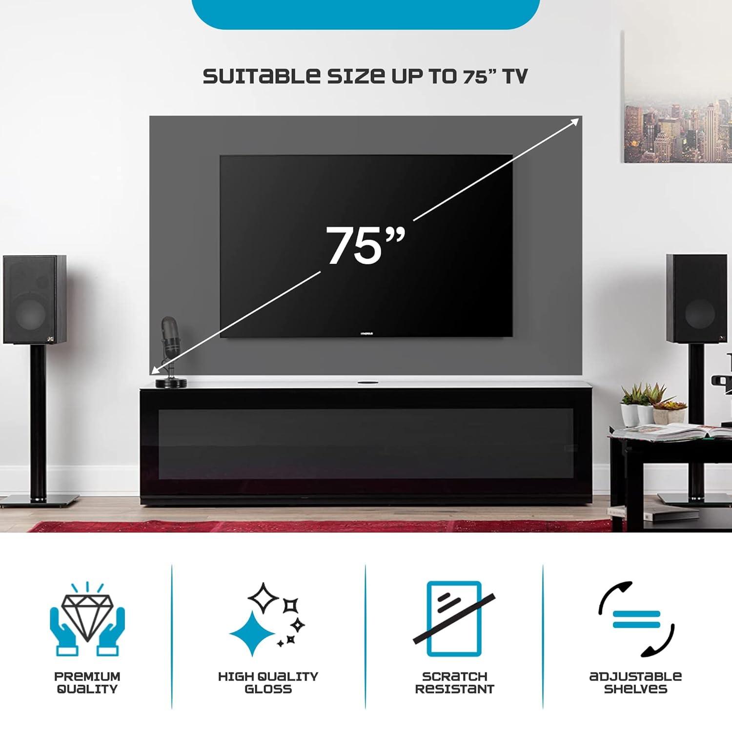 SONOROUS Studio ST-160B I/R Friendly Wood and Glass TV Stand with Hidden Wheels for Sizes up to 75" (Modern Design with 6 Shelves for Your Audio/Video Components and Consoles) - Black Glass Cover