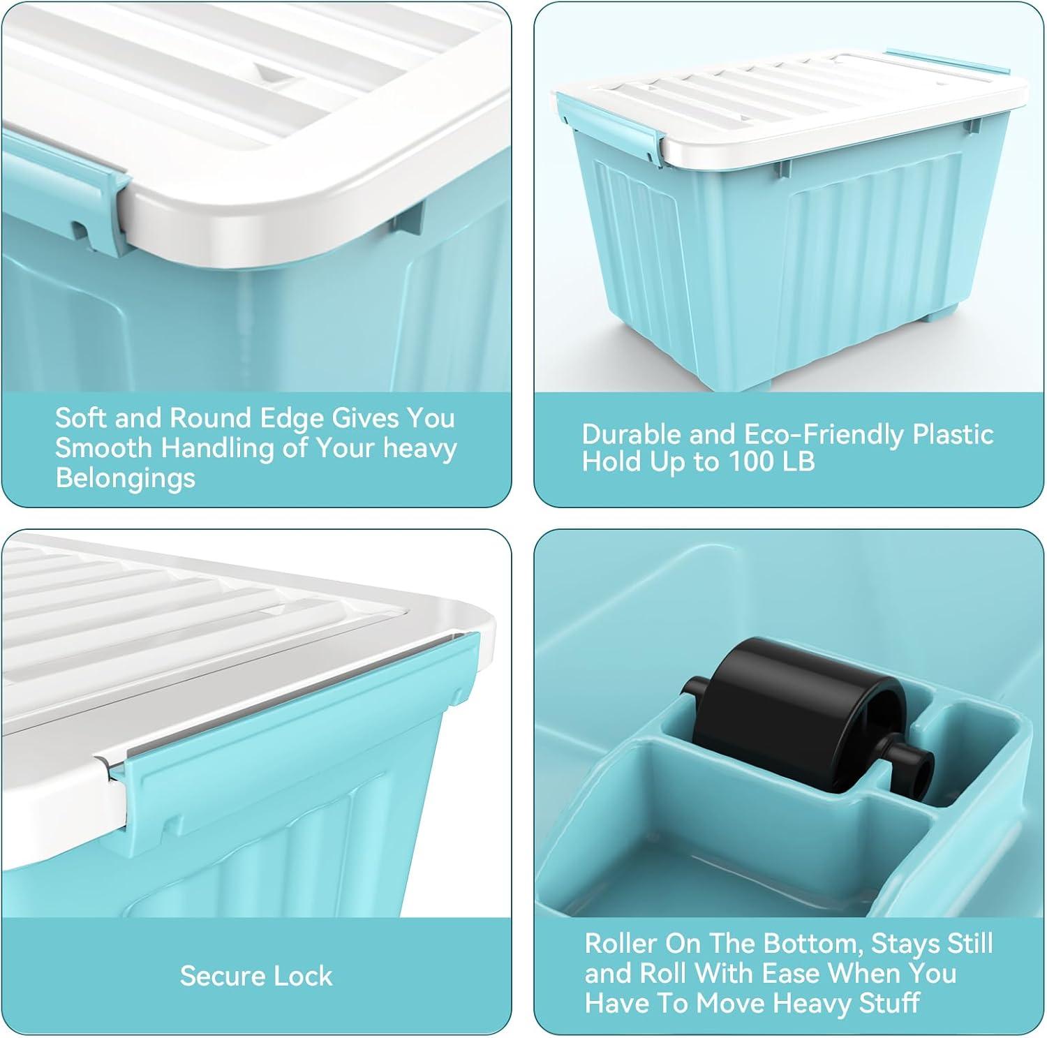 72 Quart Plastic Storage Bin, Stackable and Nestable Storage Boxes with Lids and Secure Latching Buckles, Large Storage Container (Blue, 72Quart-4Pack)