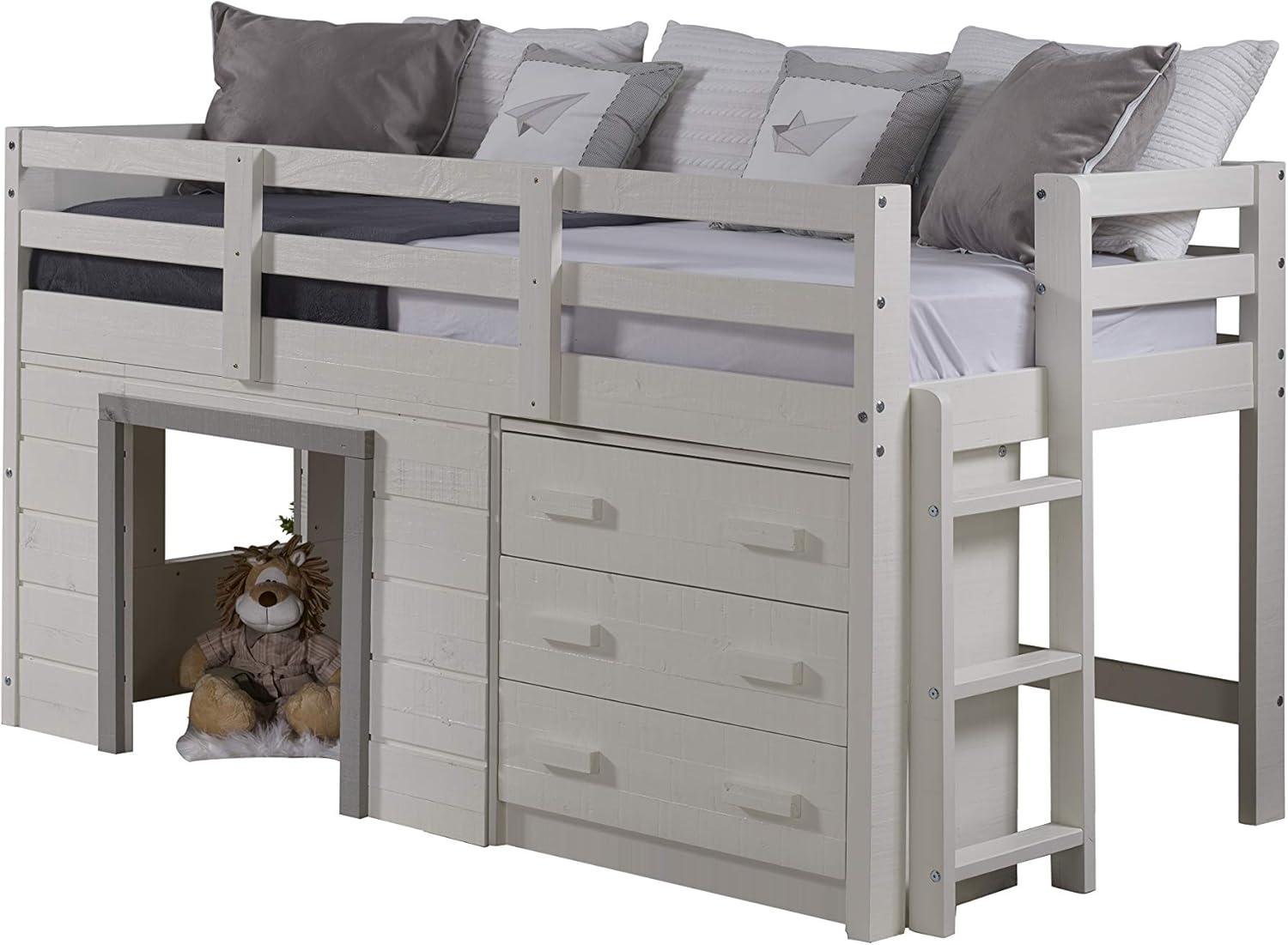 Sweet Dreams Twin Low Loft Bed with Drawer in White & Grey Pine