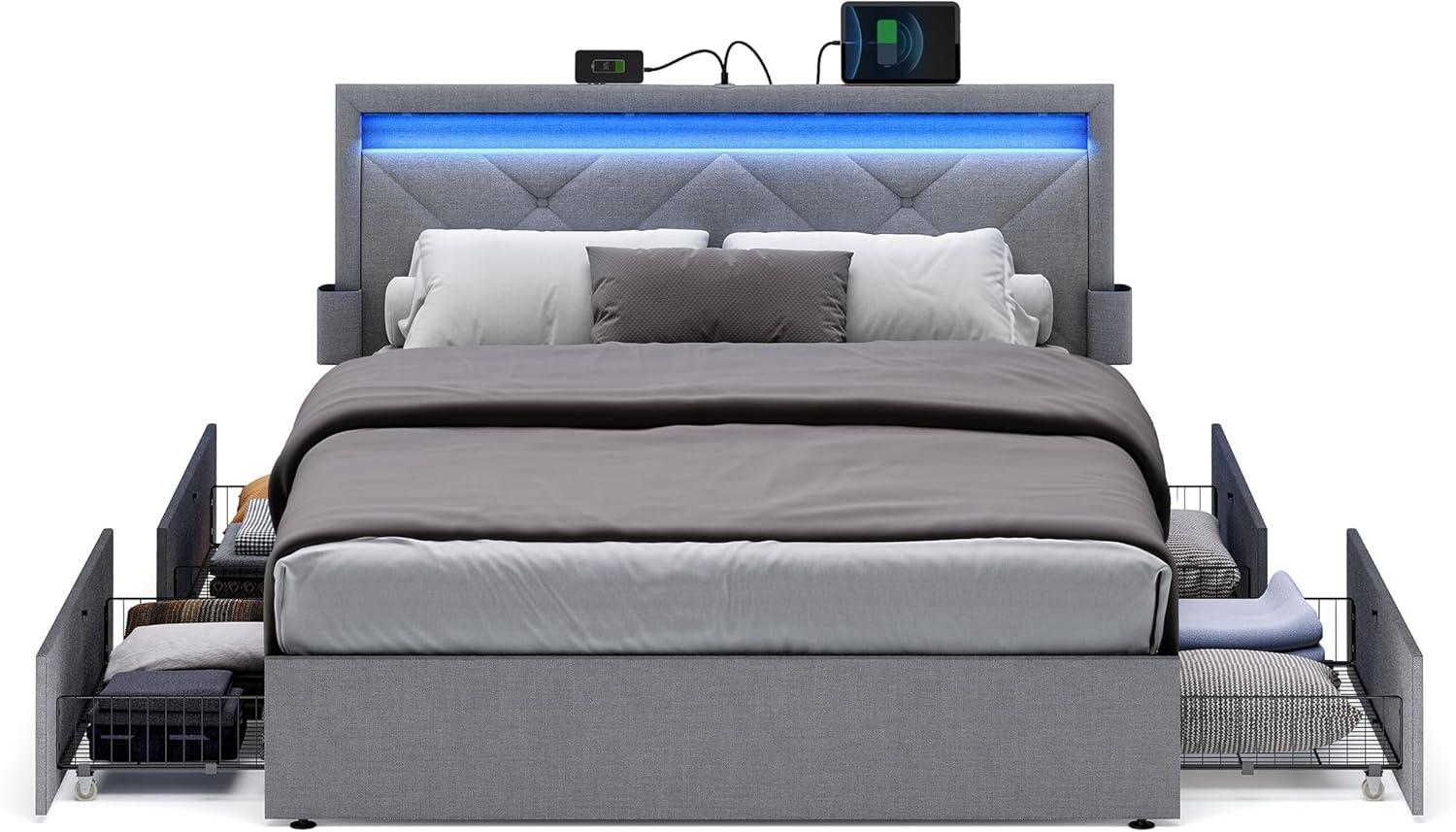 Queen Size LED Bed Frame with Headboard and 4 Drawers Storage Adjustable Upholstered Headboard 1 USB Port and 1 Type C PortNo Box Spring Needed Light Grey