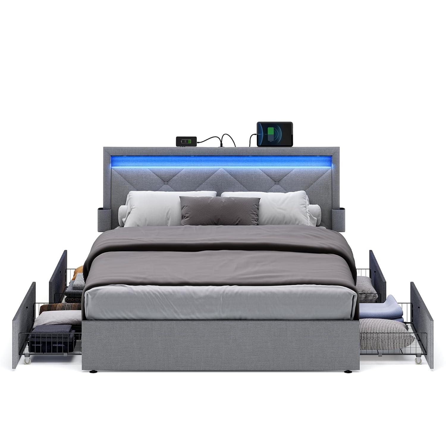 Queen Size LED Bed Frame with Headboard and 4 Drawers Storage Adjustable Upholstered Headboard 1 USB Port and 1 Type C PortNo Box Spring Needed Light Grey