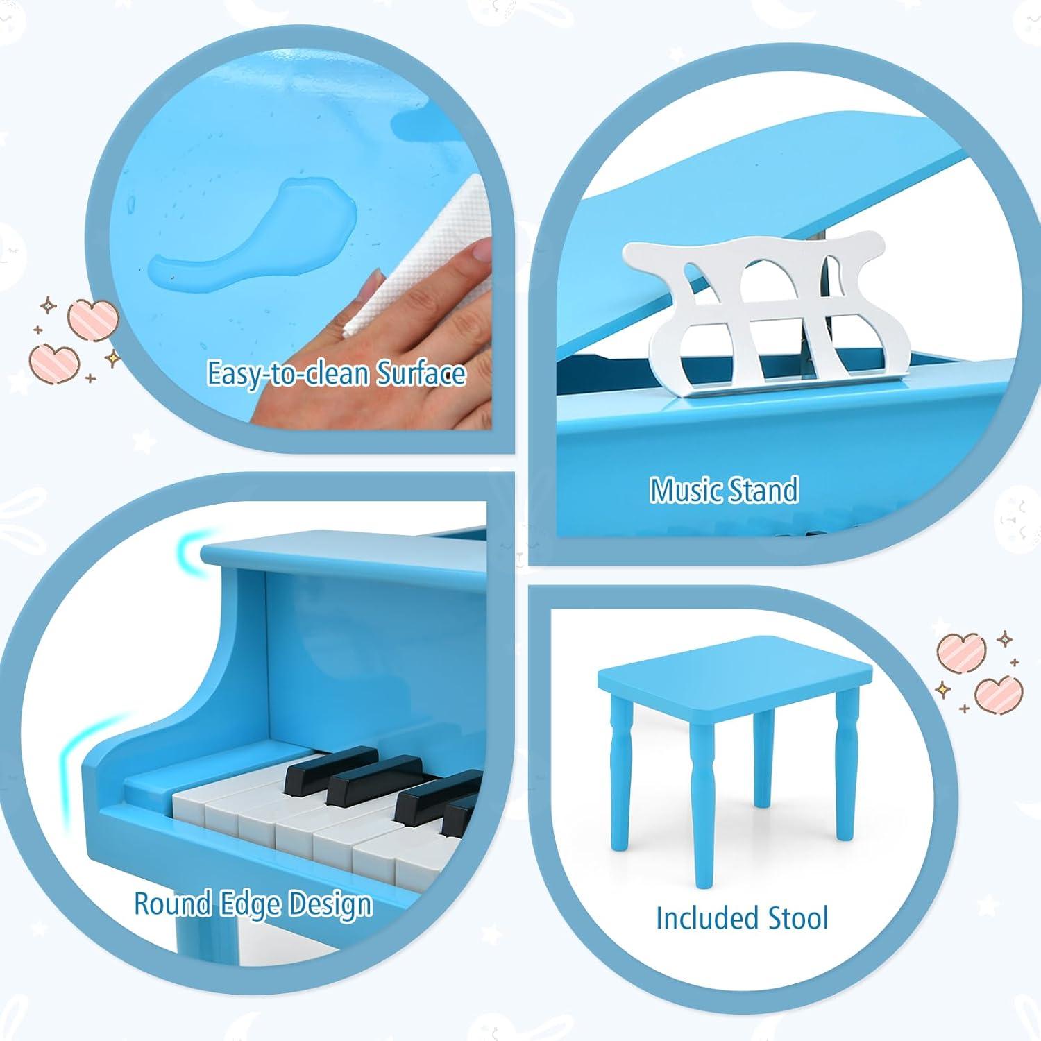 Costway 30-Key Classic Baby Grand Piano Toddler Toy Wood with Bench & Music Rack Blue