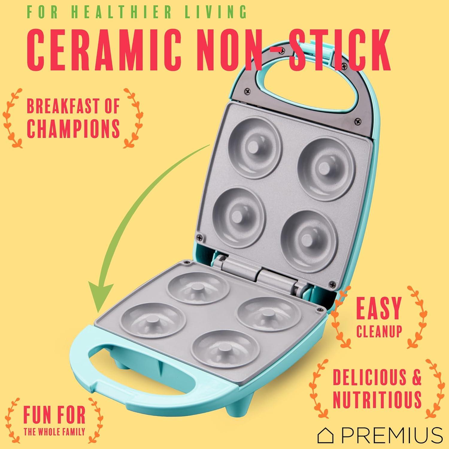 PREMIUS Ceramic Non-Stick Mini Snack Donut Maker, Turquoise, 2 Inch Mold, 4 Count