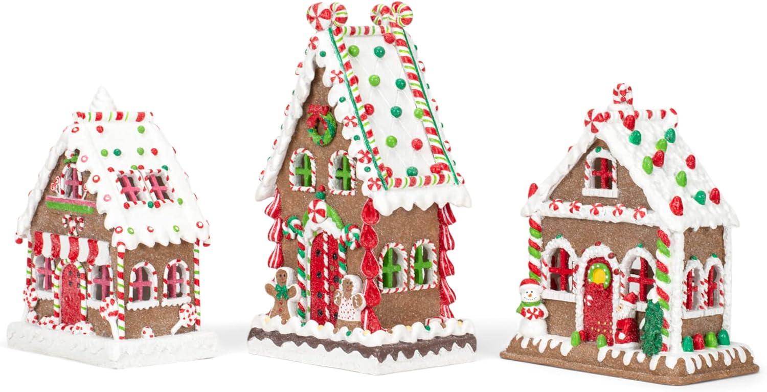 Mark Feldstein & Associates Gingerbread Village Red 8 inch Porcelain Holiday Tea Light Figurines Set of 3