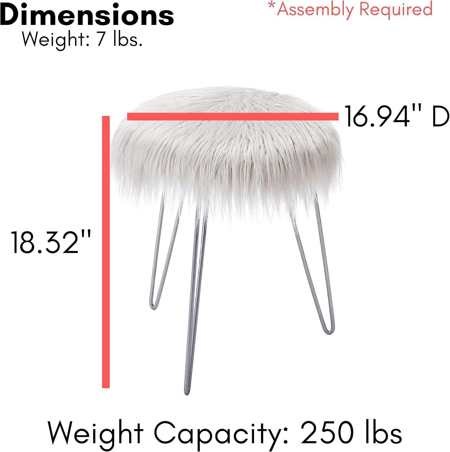 BirdRock Home Round Faux Fur Foot Stool Ottoman - Grey with Silver Legs