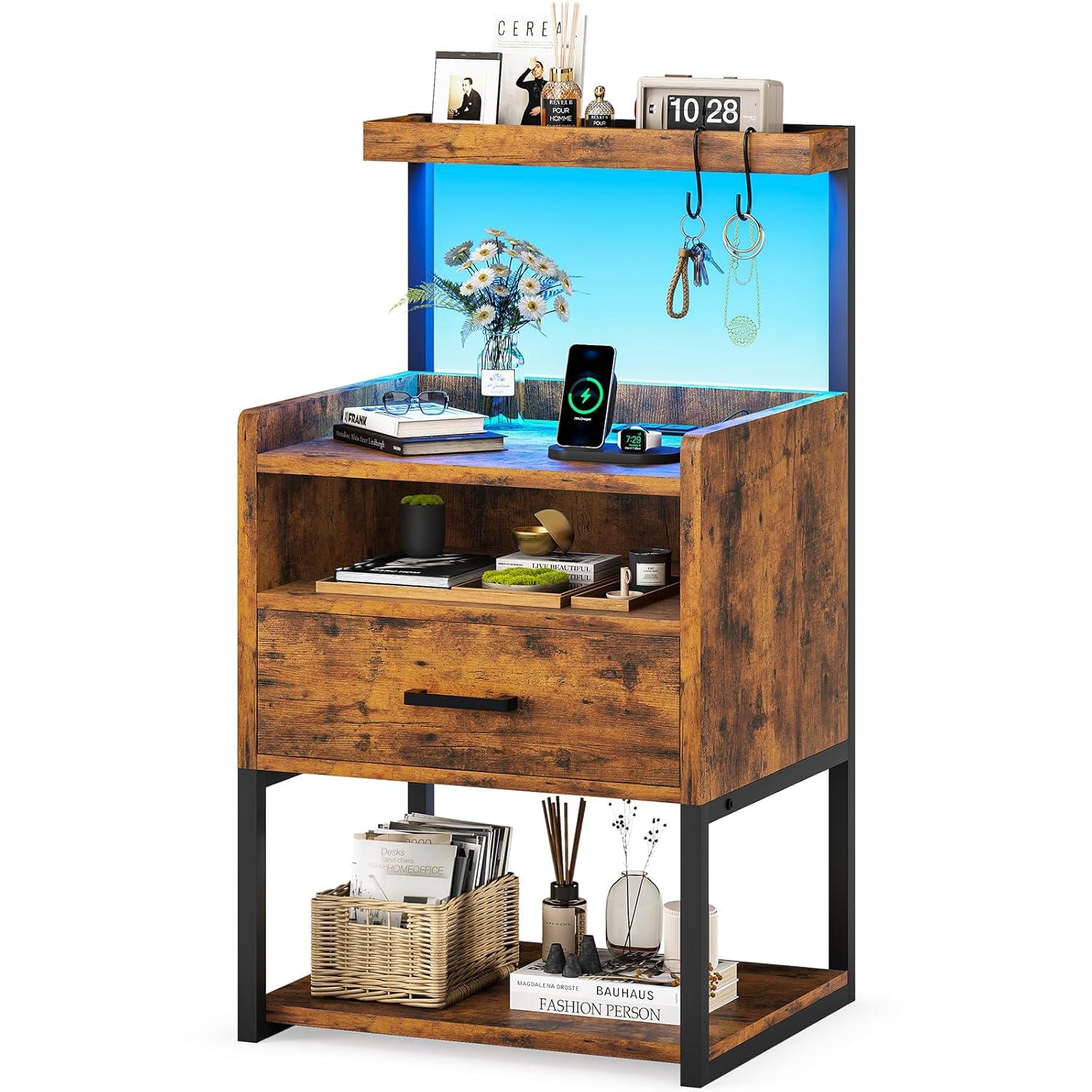 Brown LED Night Stand with Charging Station, Modern Bedside Table for Bedroom