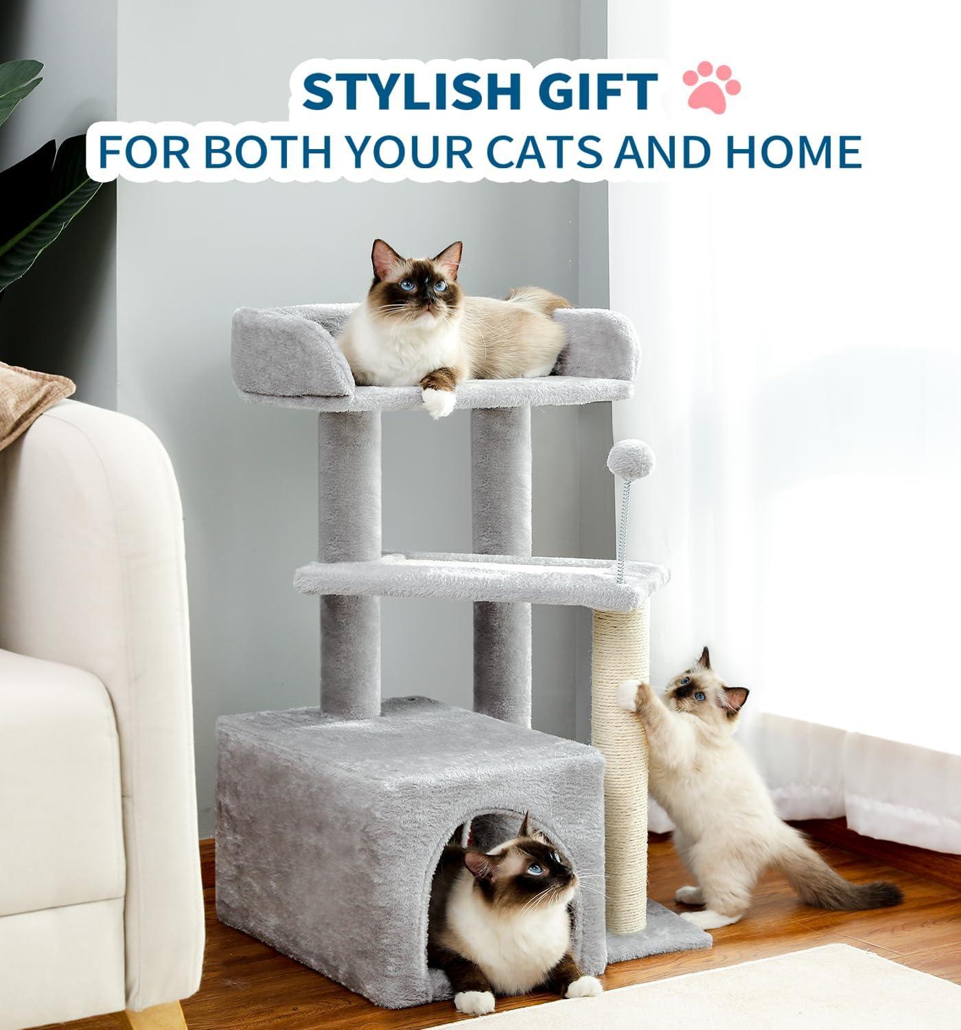 Cat Tree, Carpet Cat Tower Grey for Indoors Cats, Cute Wood Kitty Condo with Scratching Post and Pad, 29" Multi-Level Modern Activity Climbing Furniture for Small and Medium Cats