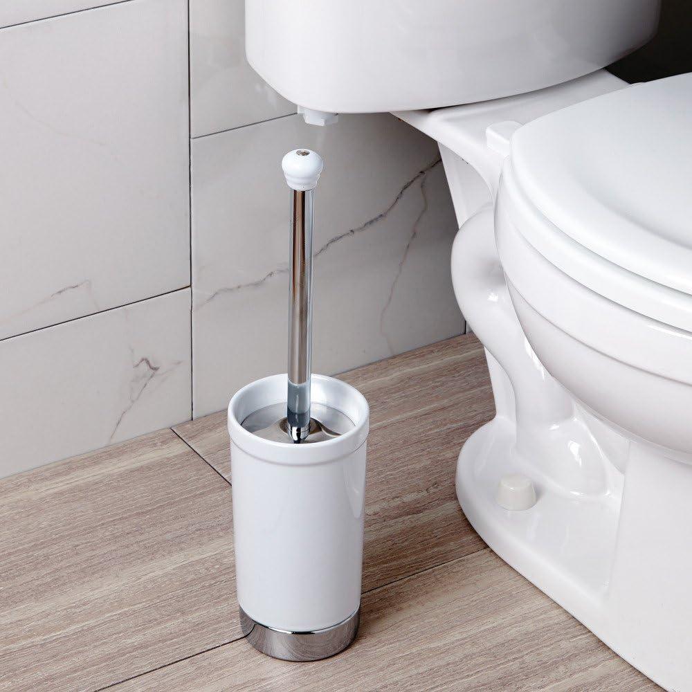 White and Chrome Ceramic Toilet Brush Holder Set