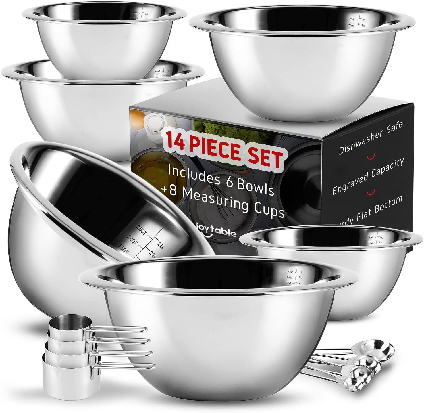 JoyTable Stainless Steel 14-Piece Mixing Bowl Set with Measuring Cups