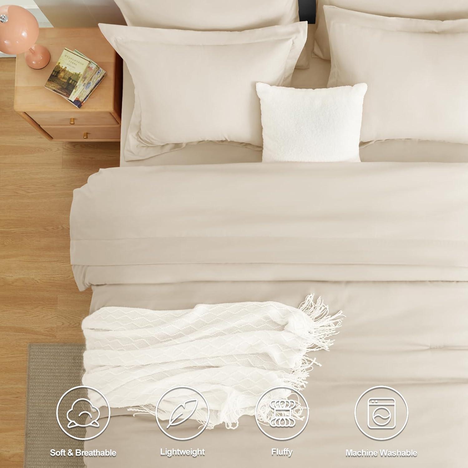 CozyLux Queen Comforter Set Beige, 7 Pieces Bed in a Bag Soft Bedding Comforter Set with Sheets, All Season Boho 7PC Bed Sets with Comforter, Fitted Sheets, Flat Sheets, Pillow Shams and Pillowcases