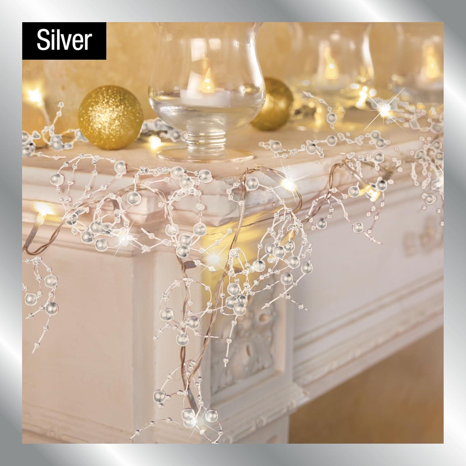 Collections Etc Lighted Berry-Beaded Holiday Garland Silver