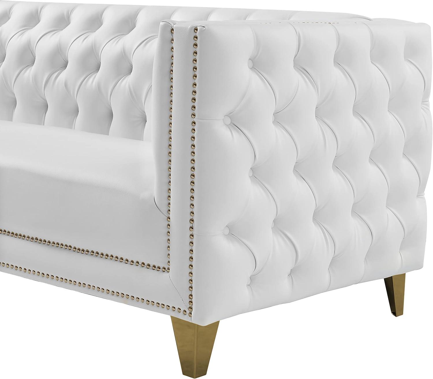 Michelle 90'' White Faux Leather Tufted Sofa with Gold Nailhead Trim